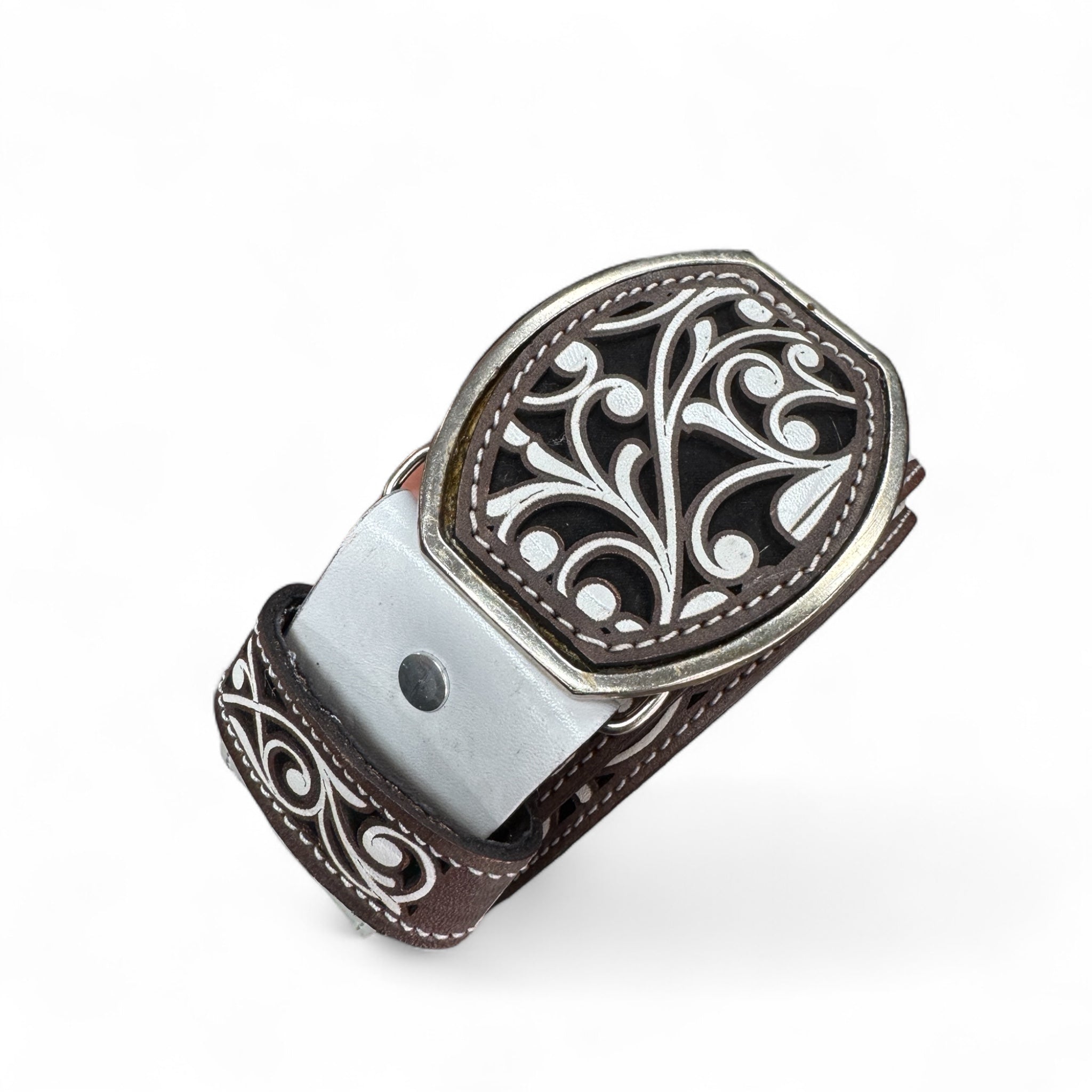 Men Belt With Square Buckle Brown and Silver/ & White Chiseled
