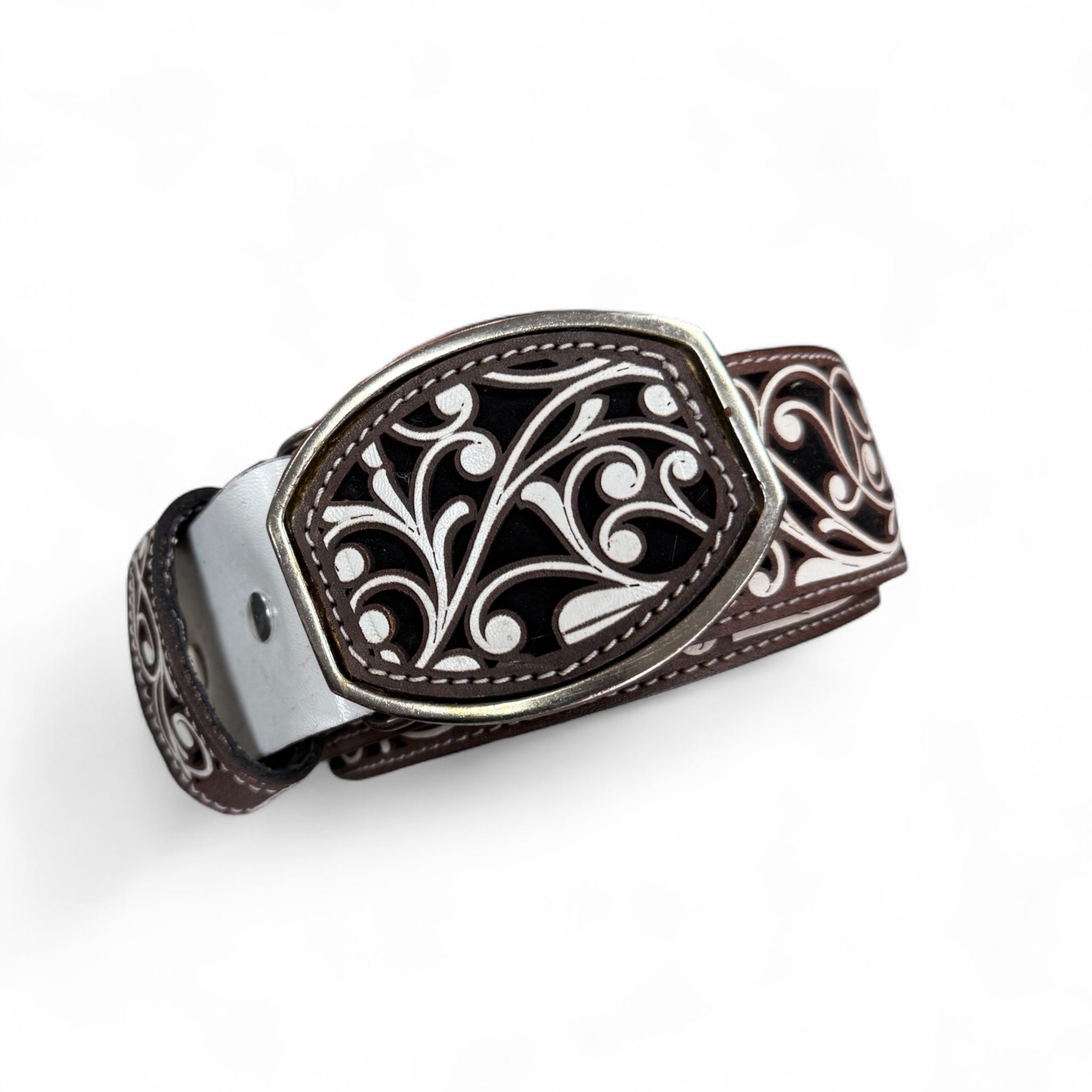 Men Belt With Square Buckle Brown and Silver/ & White Chiseled