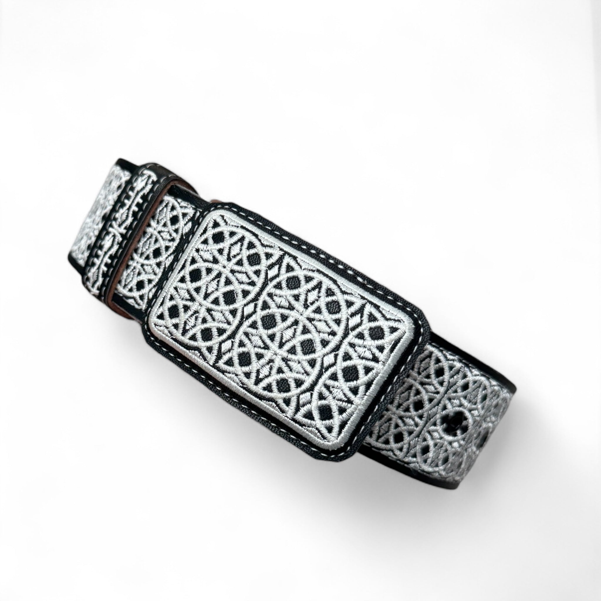 Men White Embroidered Leather Belt