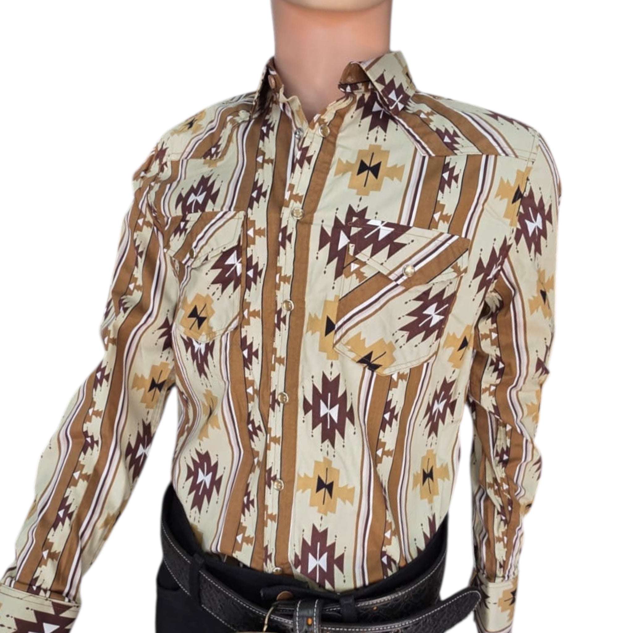 Men Long Sleeve Button Up Western Shirt ElGl 44471 Tribal Print Brown with Beige