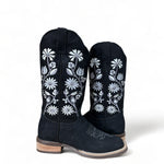 Women Boots Black with White Embroidered Flowers Toro Moro