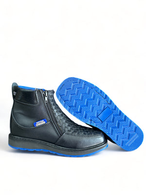 Men Ankle Boot Hand Braided Black With Blue Sole