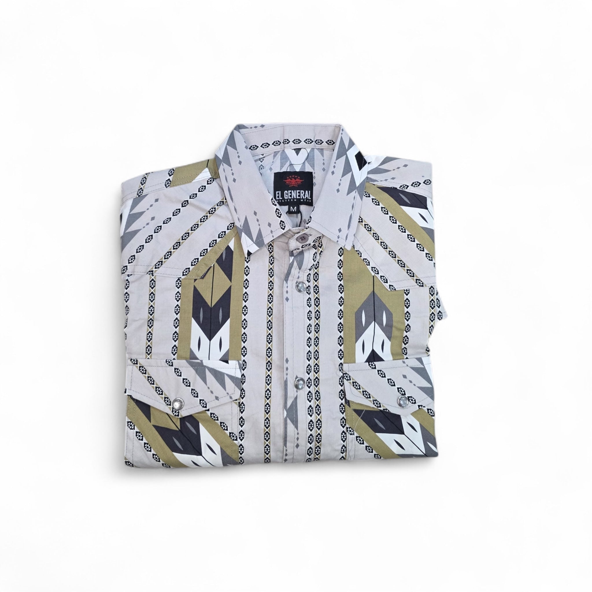 Men Long Sleeve Button Up Western Shirt ElGl 44473 Tribal Print Grey/Beige