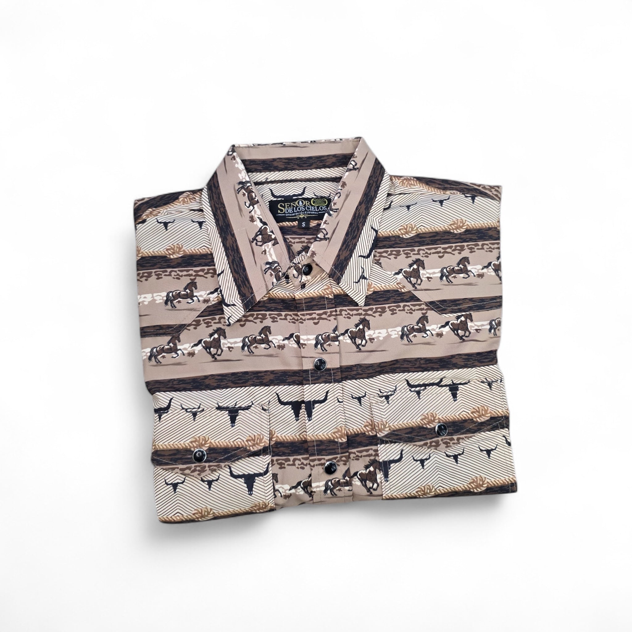 Men Long Sleeve Button Up Western Shirt ElGl 44321 Horse Print Brown