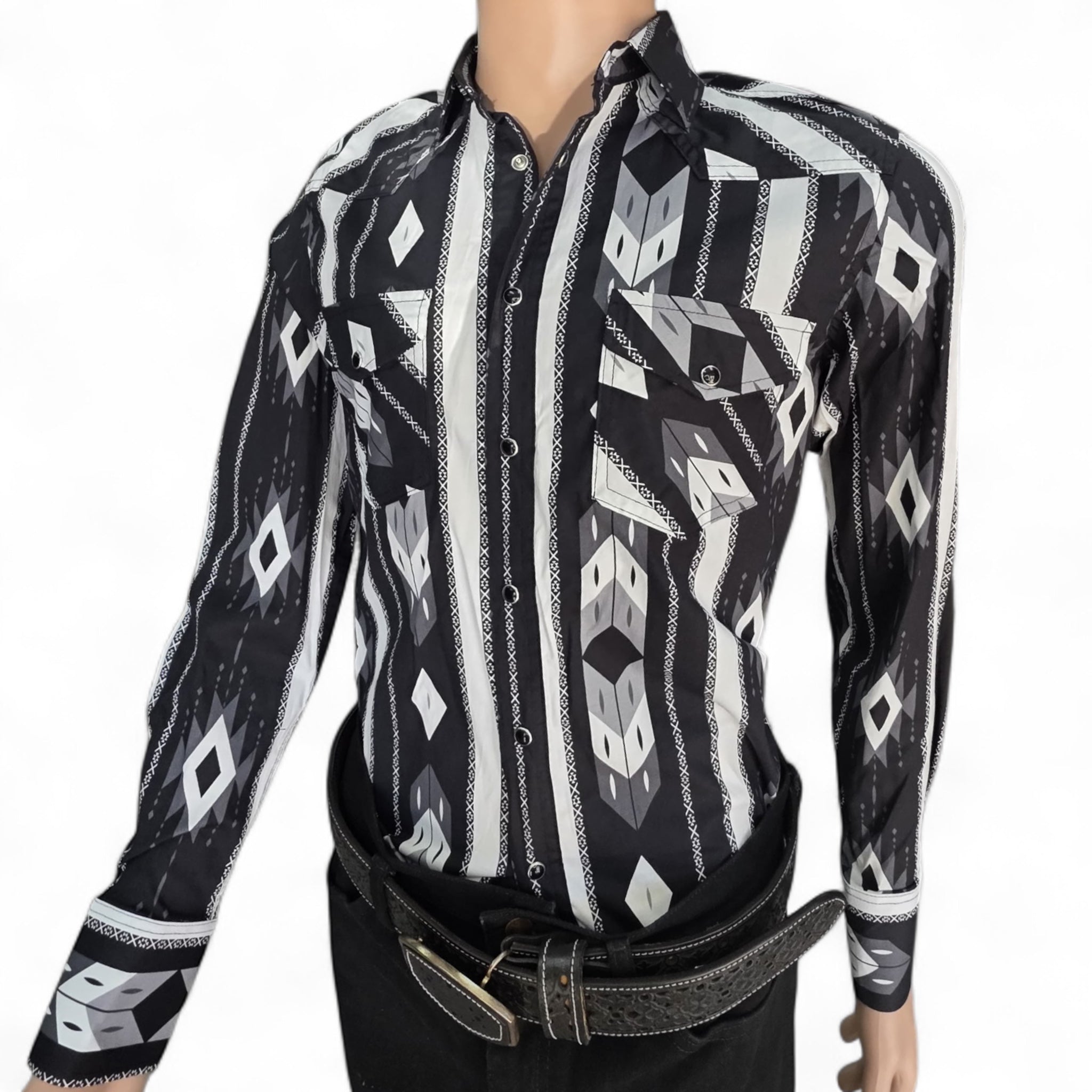 Men Long Sleeve Button Up Western Shirt ElGl 44475 Black Tribal Print