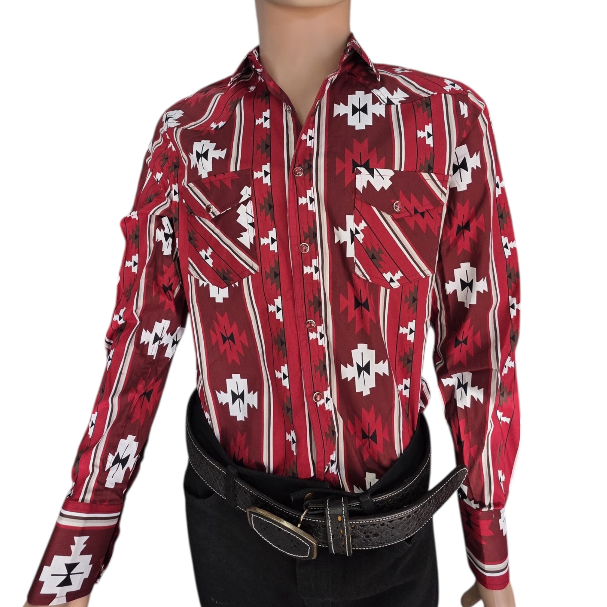 Men Long Sleeve Button Up Western Shirt ElGl 44472 Red Tribal Shirt