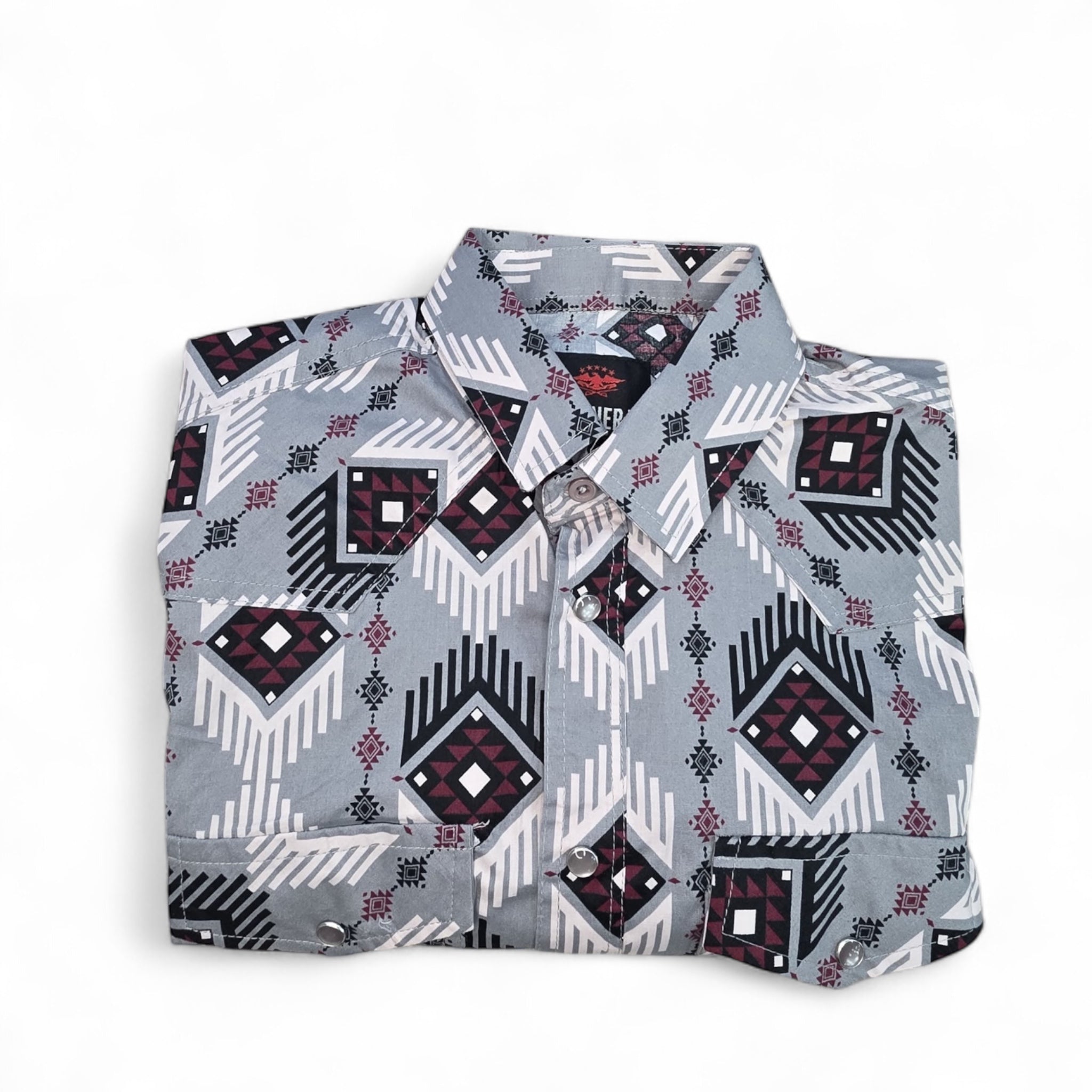 Men Long Sleeve Button Up Western Shirt ElGl 44425 Tribal Print Grey with Burgundy