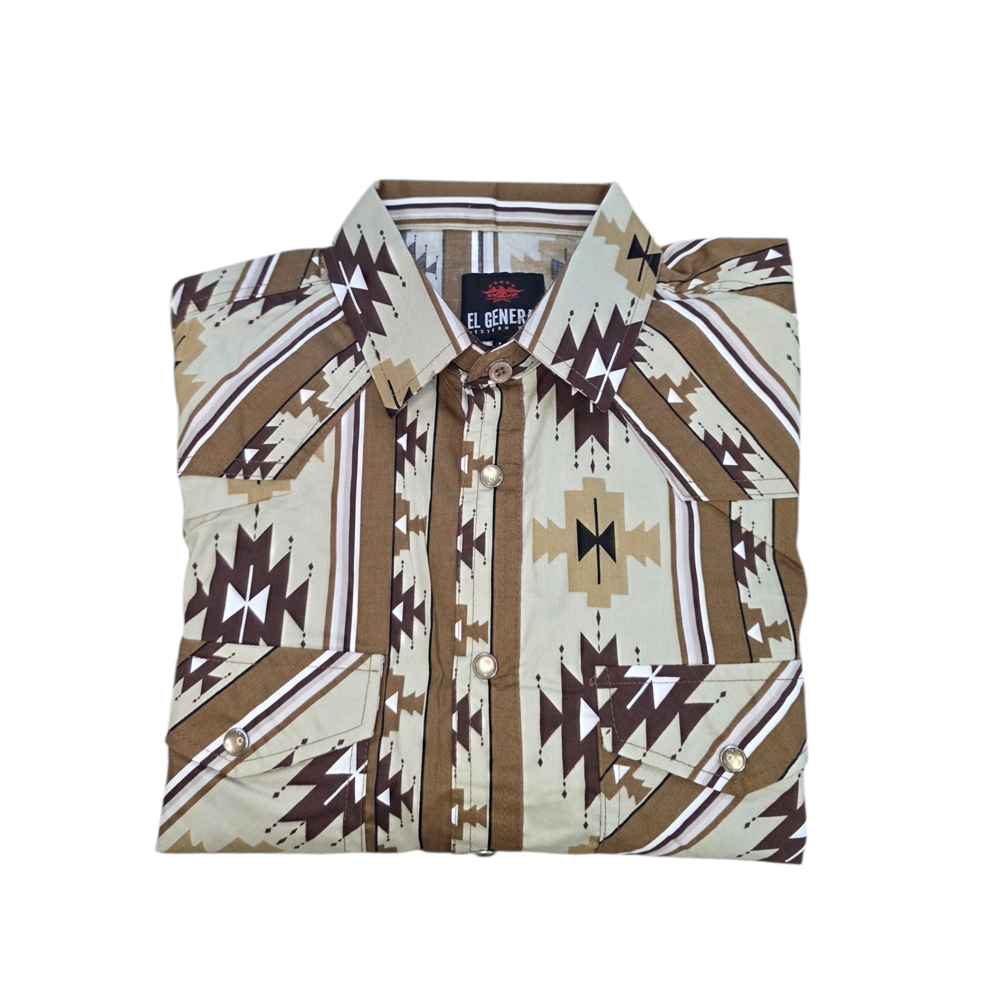 Men Long Sleeve Button Up Western Shirt ElGl 44471 Tribal Print Brown with Beige