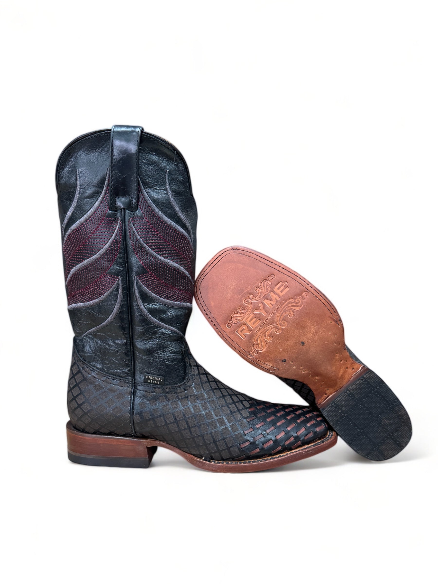 Men Black Burgundy Braided Leather Boot Reyme