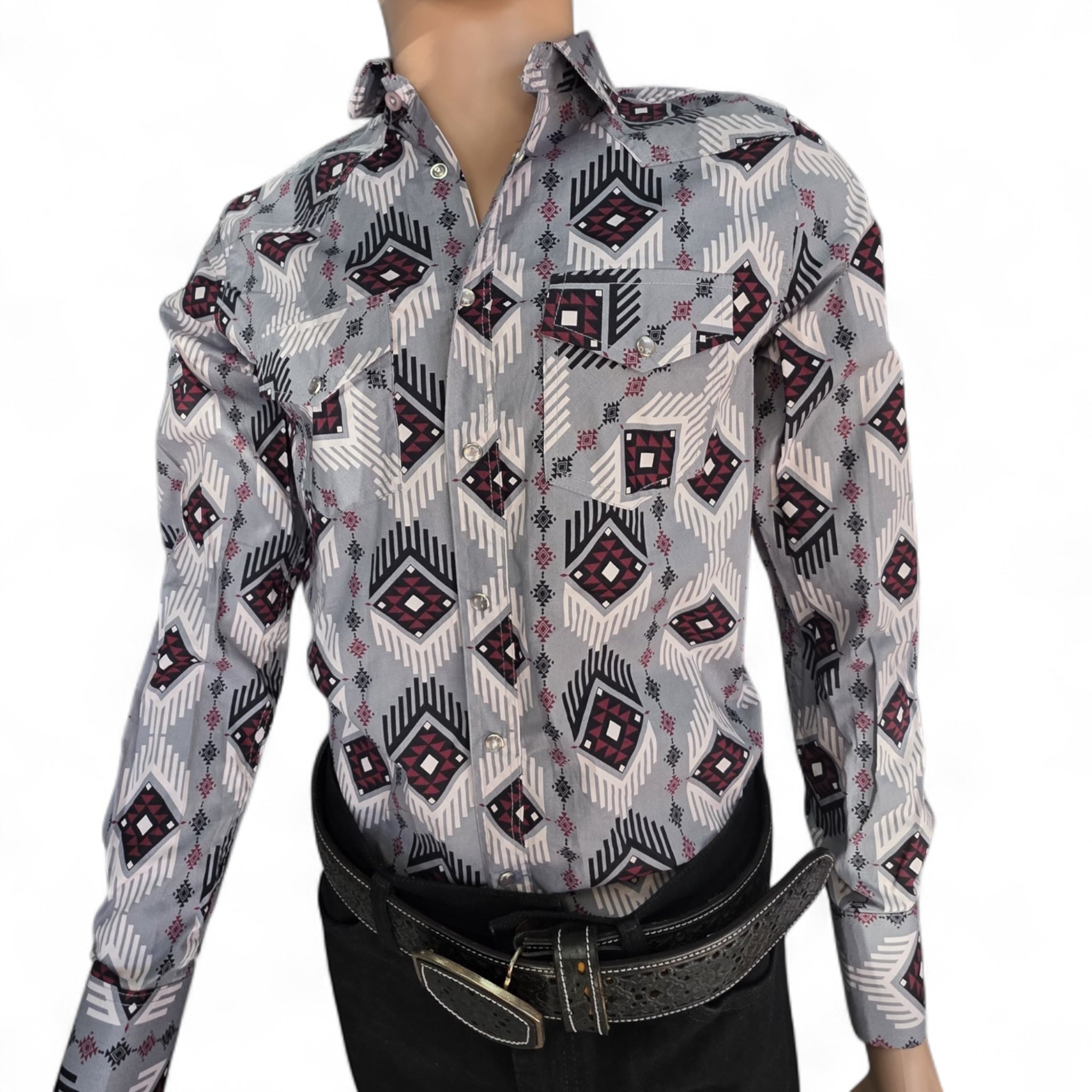 Men Long Sleeve Button Up Western Shirt ElGl 44425 Tribal Print Grey with Burgundy