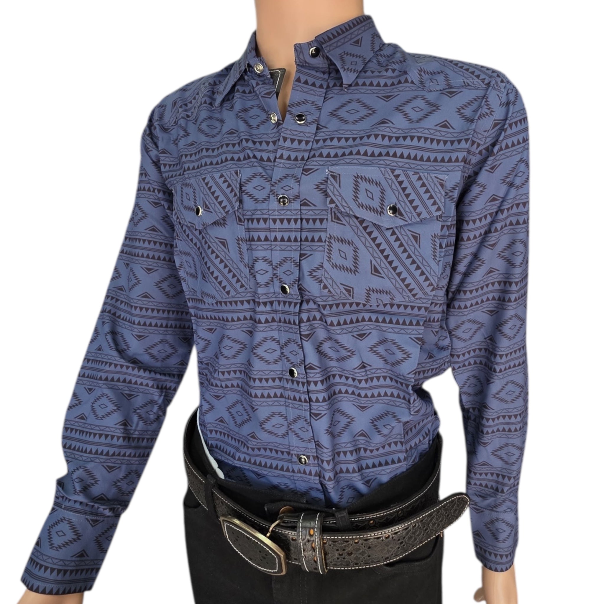 Men Long Sleeve Button Up Western Shirt ElGl 44204 Blue Tribal Print