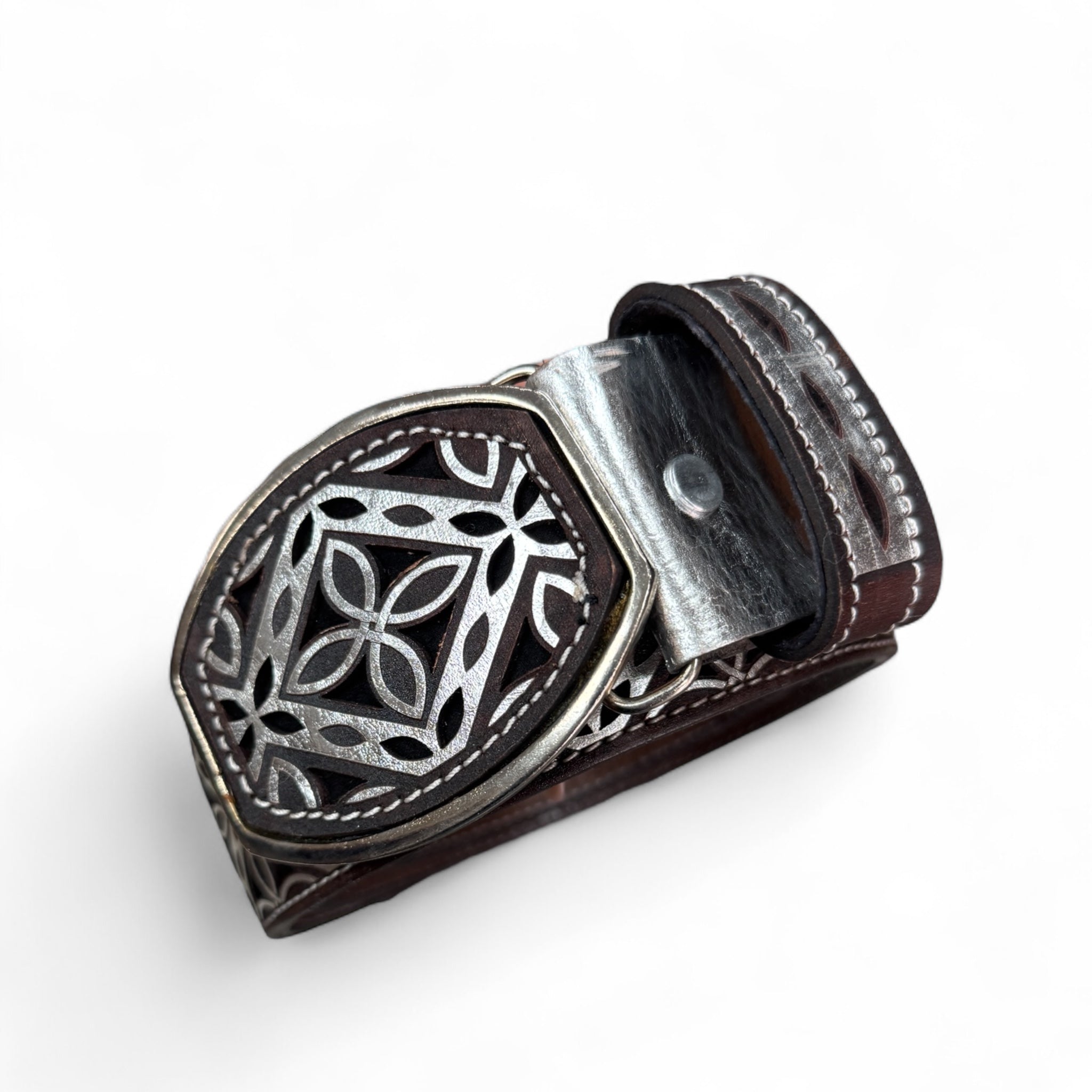 Men Belt With Square Buckle Brown and Silver/ & White Chiseled