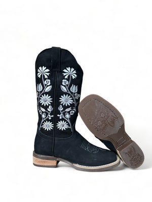 Women Boots Black with White Embroidered Flowers Toro Moro