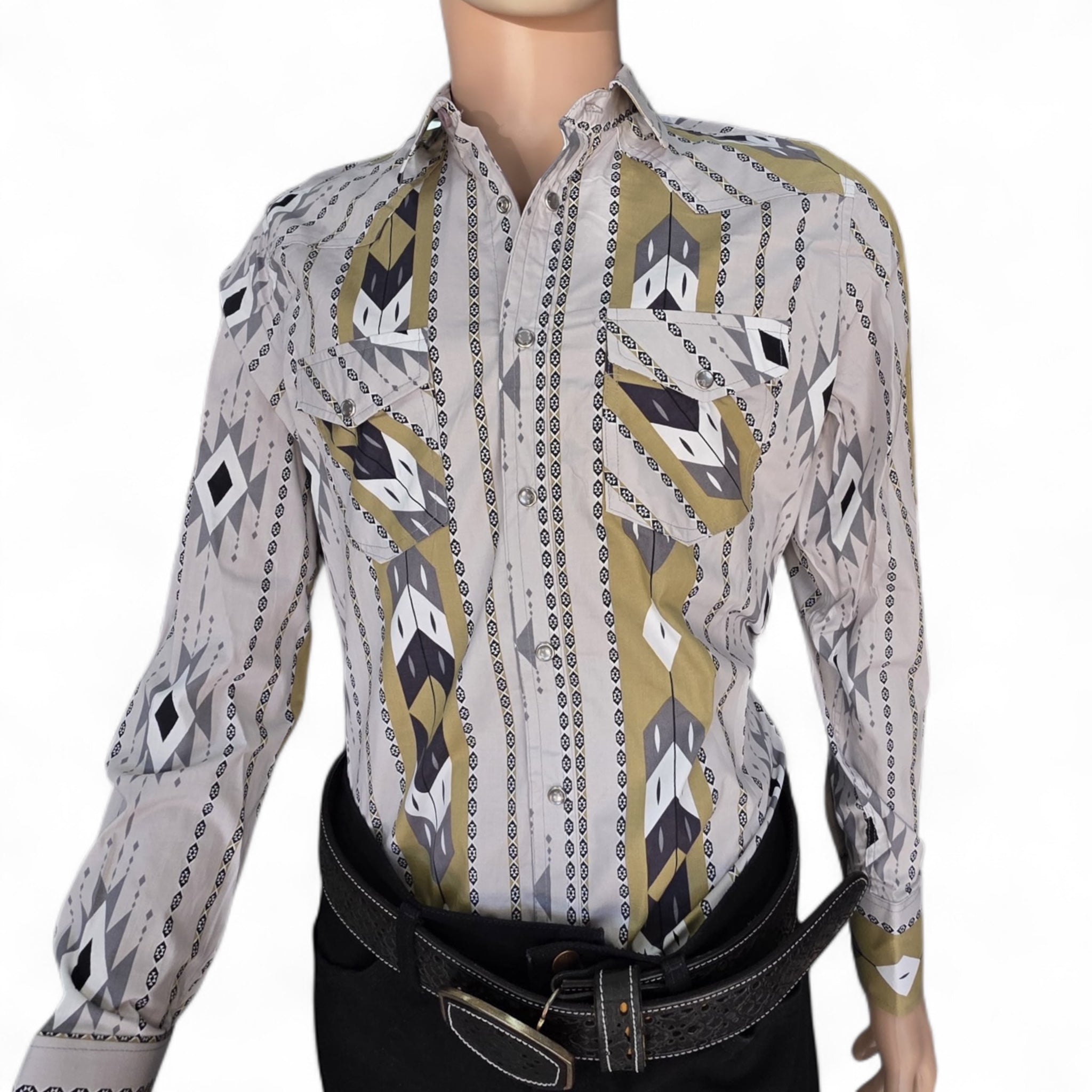 Men Long Sleeve Button Up Western Shirt ElGl 44473 Tribal Print Grey/Beige