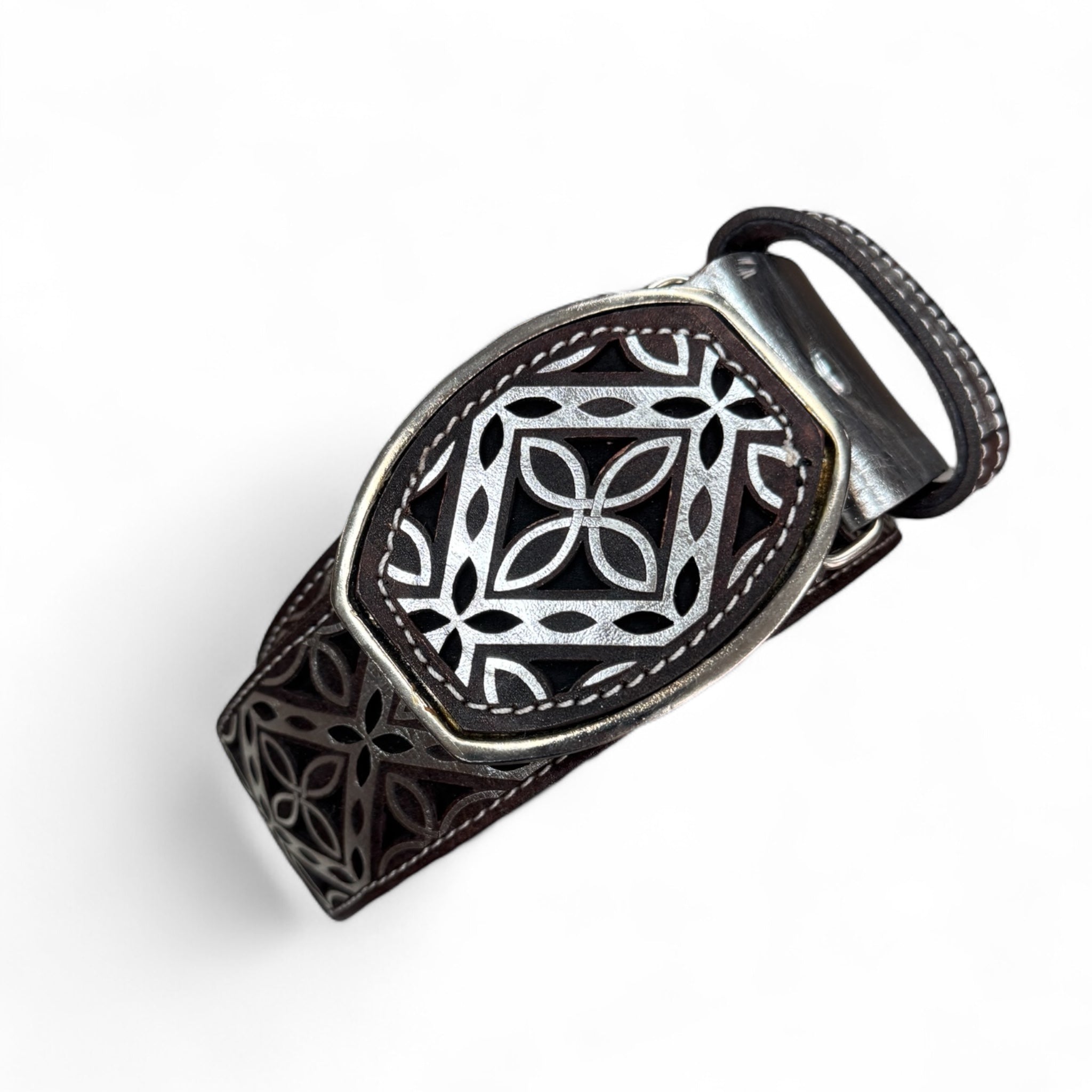 Men Belt With Square Buckle Brown and Silver/ & White Chiseled