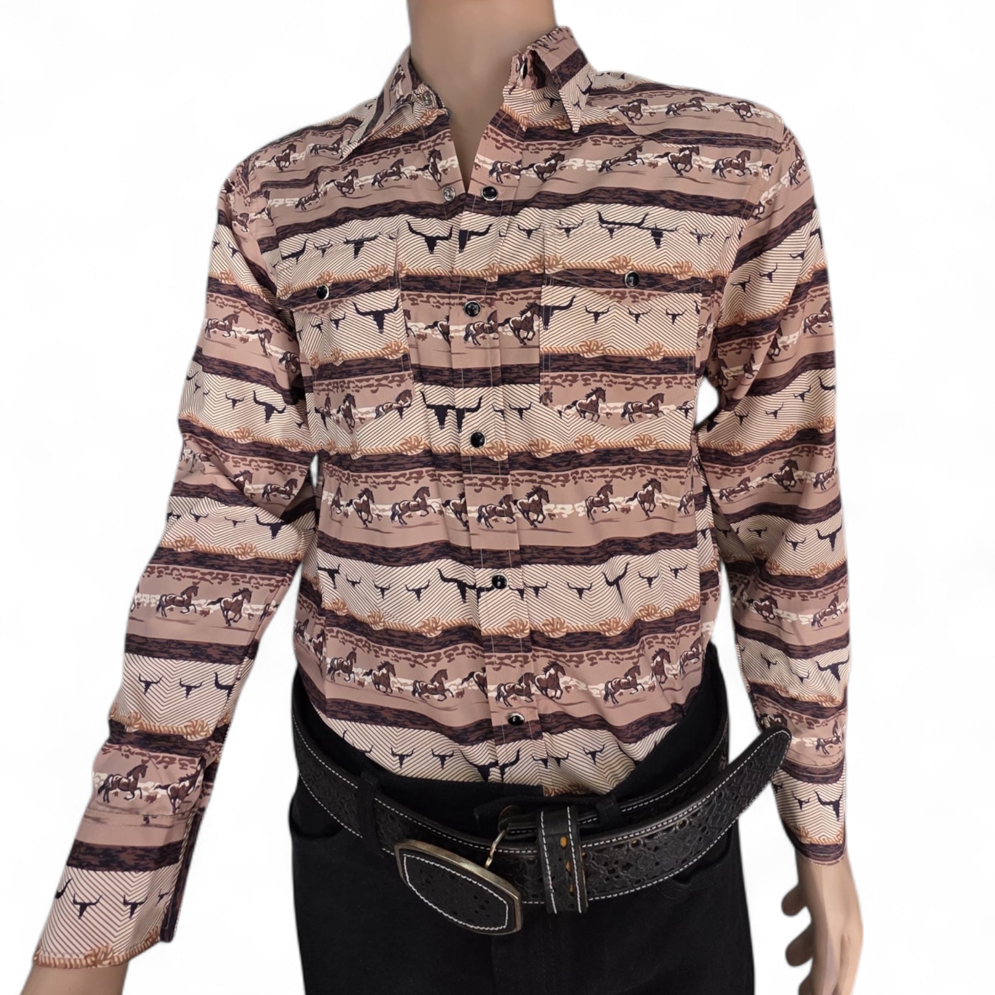 Men Long Sleeve Button Up Western Shirt ElGl 44321 Horse Print Brown